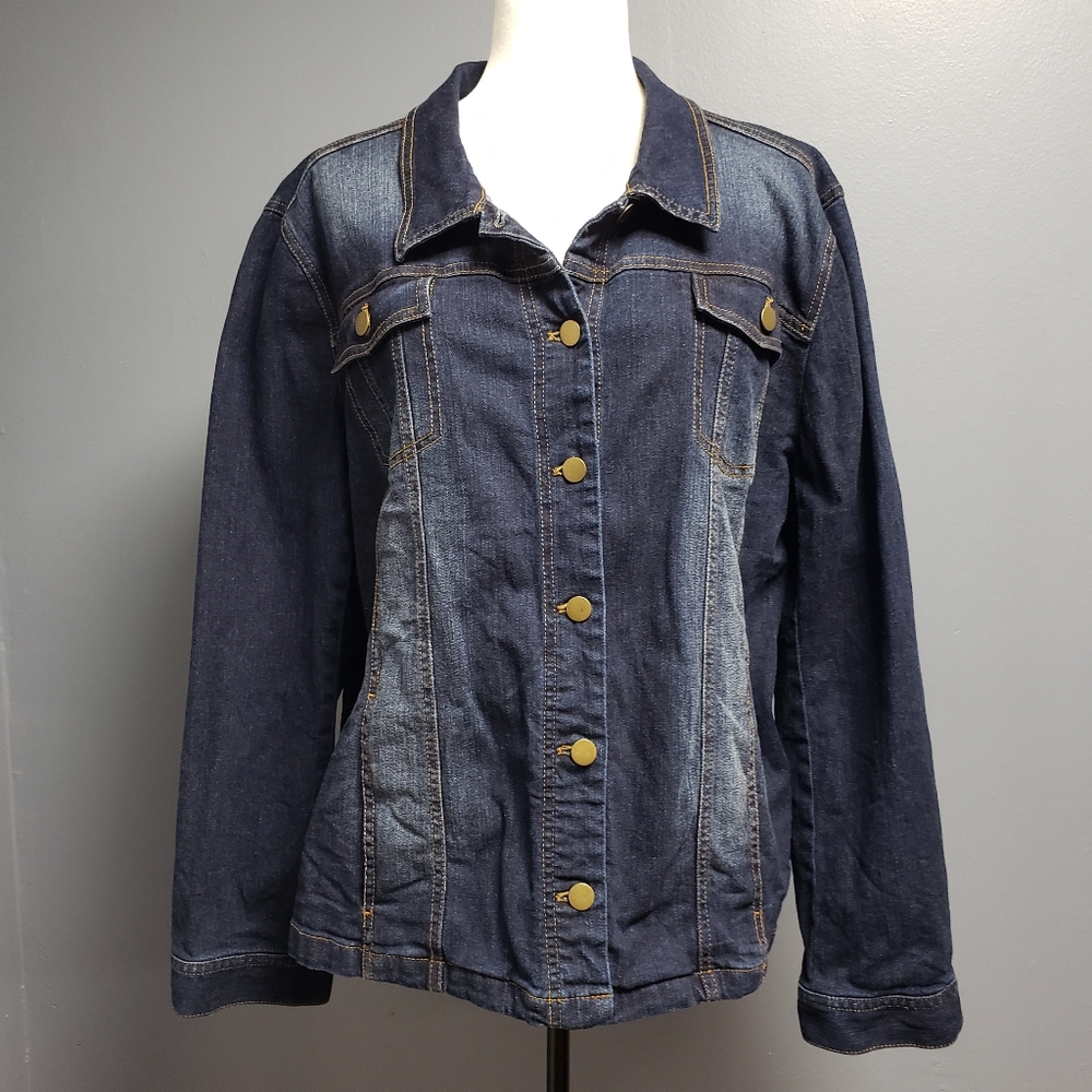 J Jill Womens Size XL Blue Jean Trucker Jacket Denim Coat Button Up Stretch